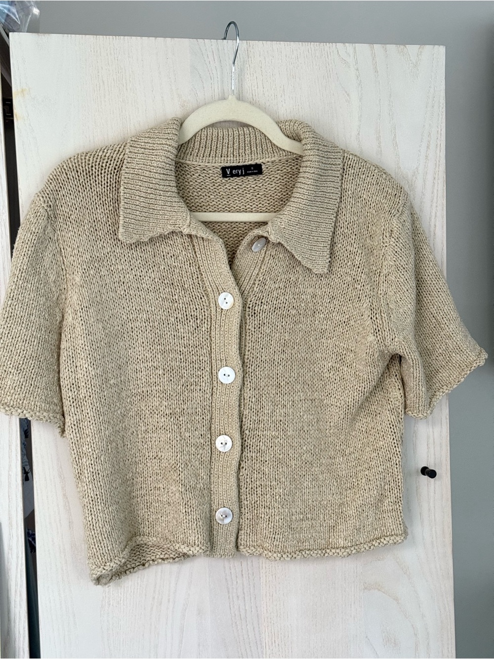 Very J Short-Sleeve Button-Up Knit Cardigan - Light Beige
